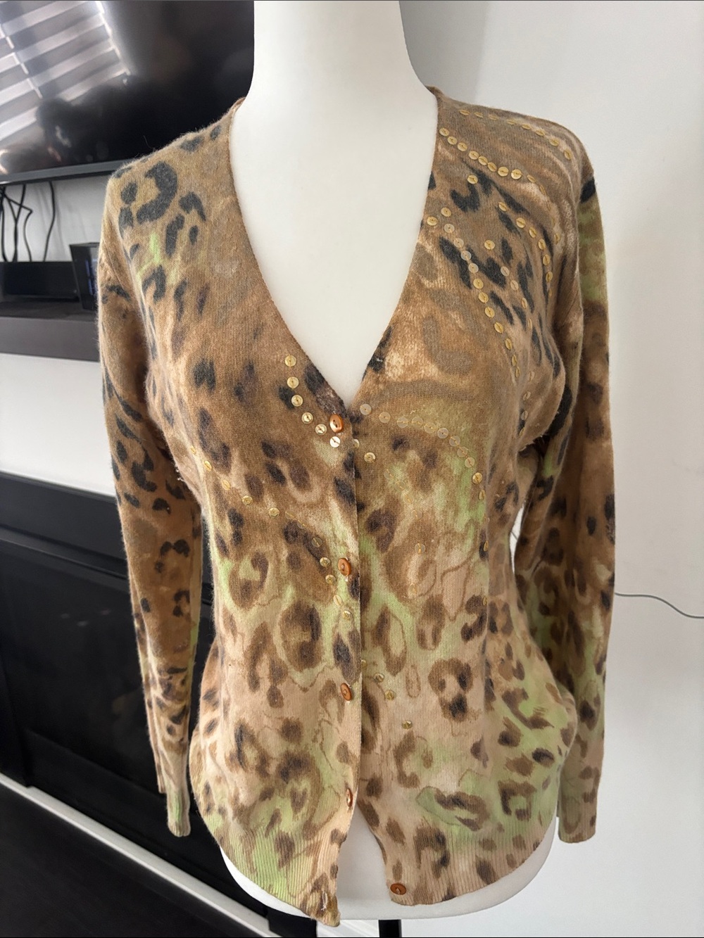 Vintage Olsen Europe. Animal Print Sequin V-Neck Cardigan in Brown and Green